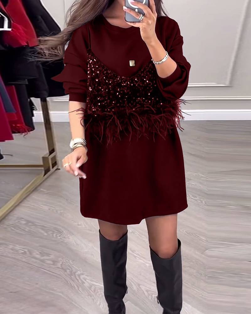 Damen Sweatkleid mit Pailletten und Federn Norvielle