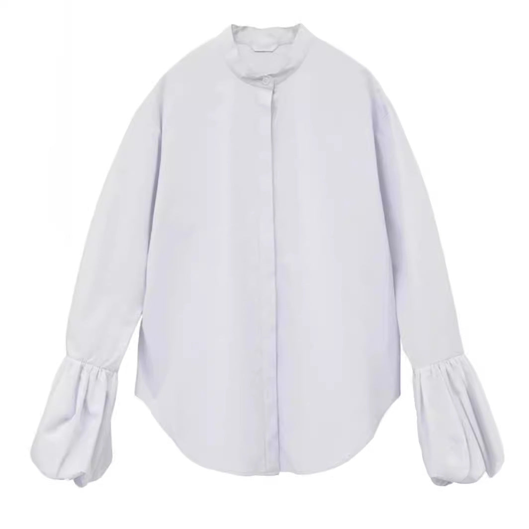 Damen Bluse Voluminöse Ärmel Stehkragen Elegantes Design