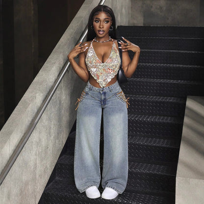 Damen Weite Jeans Schnürdesign Trend