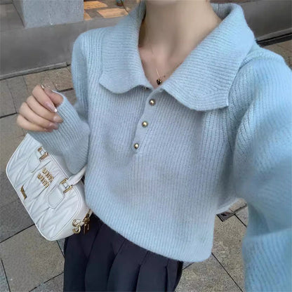 Damen Pullover Strukturiert Polo-Kragen Knöpfe Beige