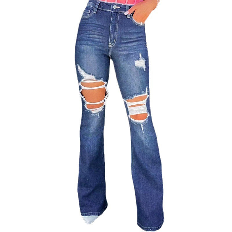 Damen Destroyed Jeans Flared Style Hohe Taschen Ausgefranster Saum