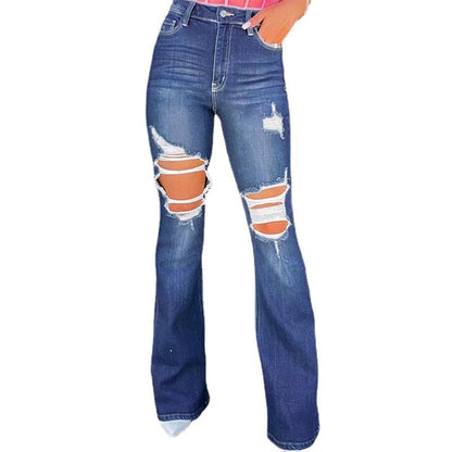 Damen Destroyed Jeans Flared Style Hohe Taschen Ausgefranster Saum