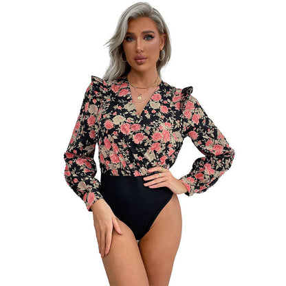 Damen Bluse Floralmuster Rüschenärmel Norvielle