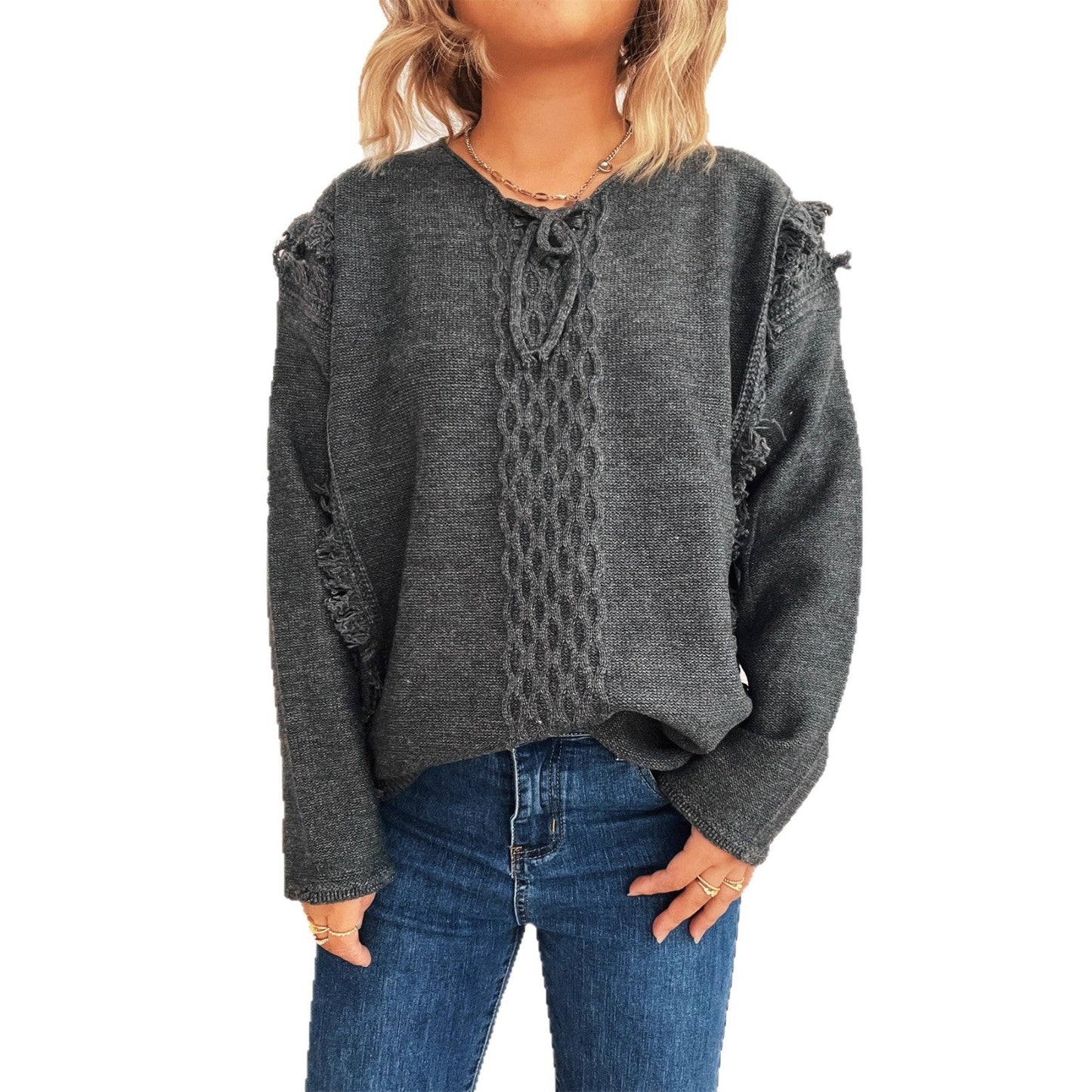 Damen Grobstrickpullover Lässige Fransen Dekorativer Zopf Norvielle