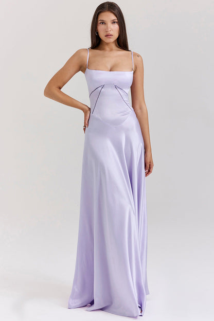 Damen Satin Maxikleid mit Trägern Figurbetont