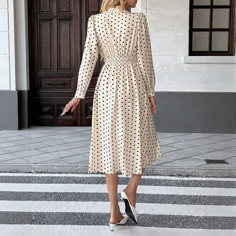 Damen Polka-Dot Midi-Kleid mit Bindekragen und langen Ärmeln