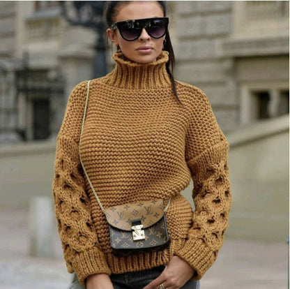 Damen Strickpullover Hochkragen Pompöne Ärmel Norvielle