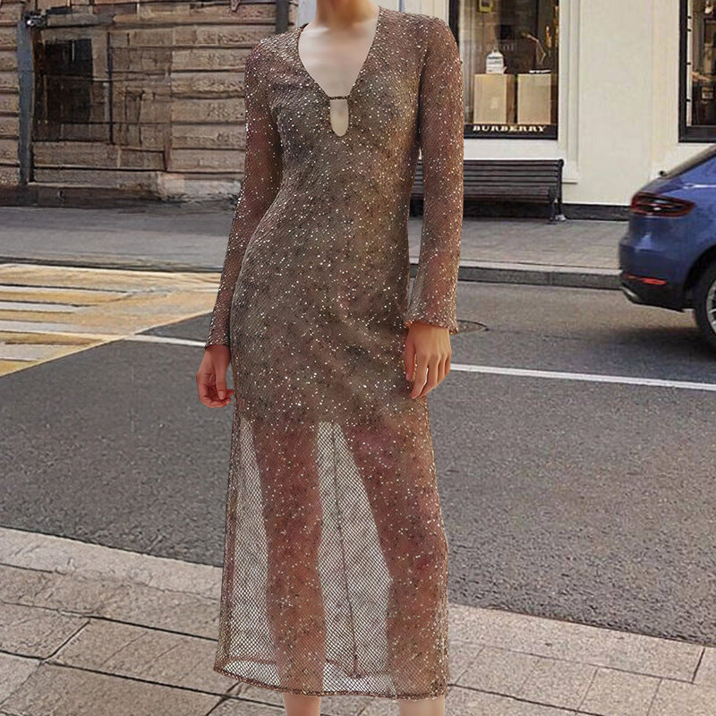 Damen Paillettenkleid V-Ausschnitt Lange Ärmel Norvielle