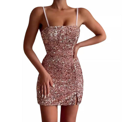 Damen Paillettenkleid Glänzend Schmale Träger