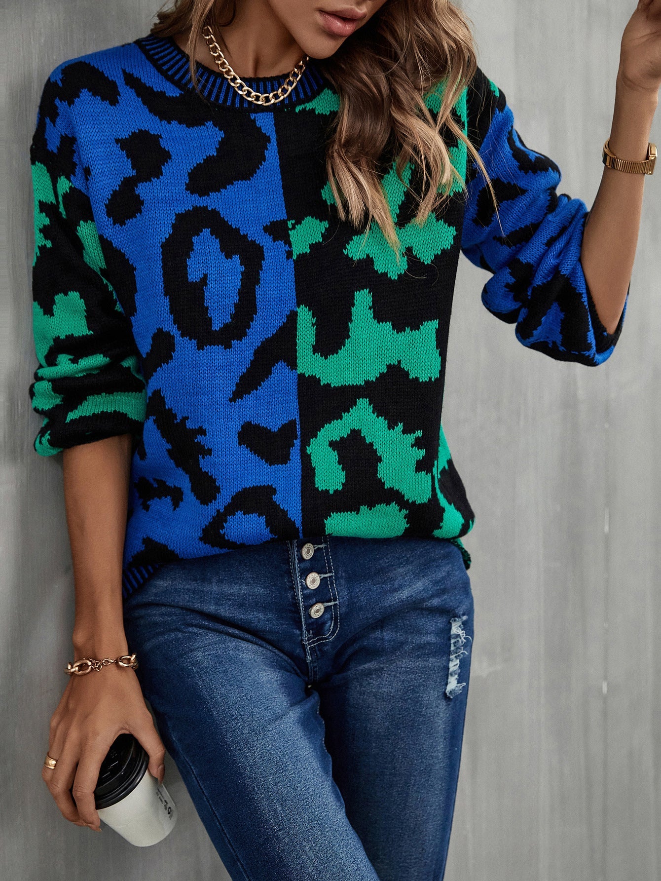 Damen Pullover Leo-Muster Bunt
