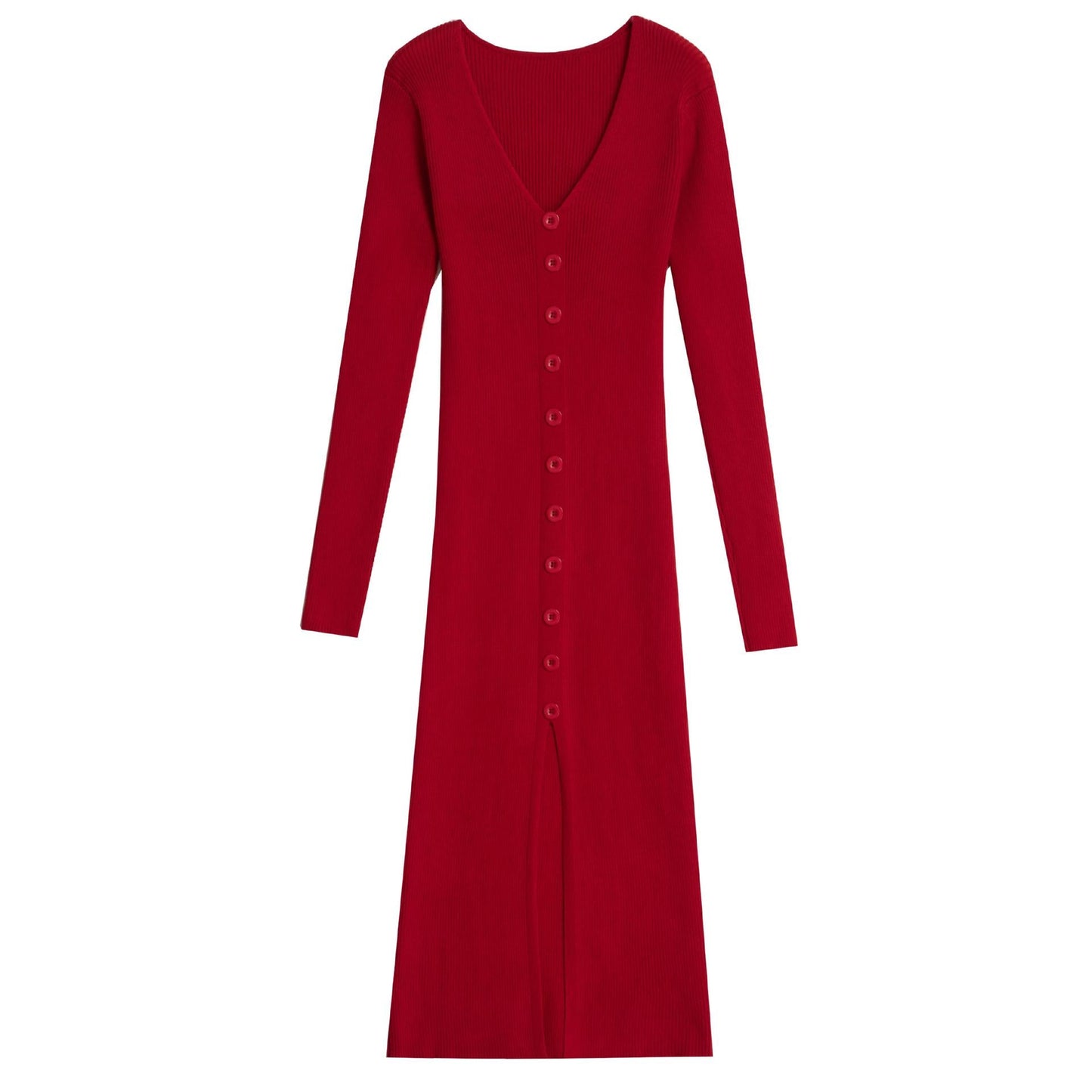Damen Langarm Strickkleid V-Ausschnitt Knopfleiste Norvielle