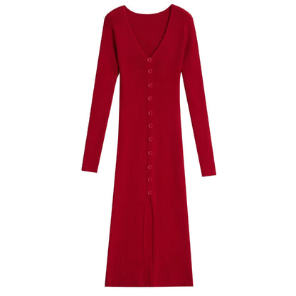 Damen Langarm Strickkleid V-Ausschnitt Knopfleiste Norvielle