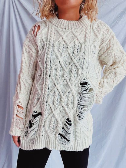 Damen Oversized-Pullover Strukturiertes Zopfmuster Fransen Beige