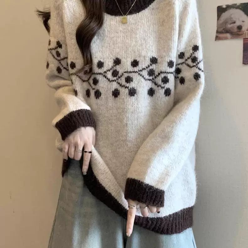 Damen Strickpullover Weich Floralmuster Spitzen Beige