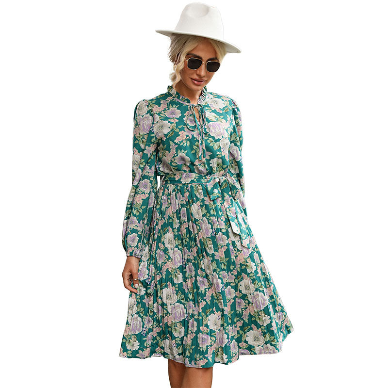 Damen Blumenkleid Midi mit Taillenband und Kragen