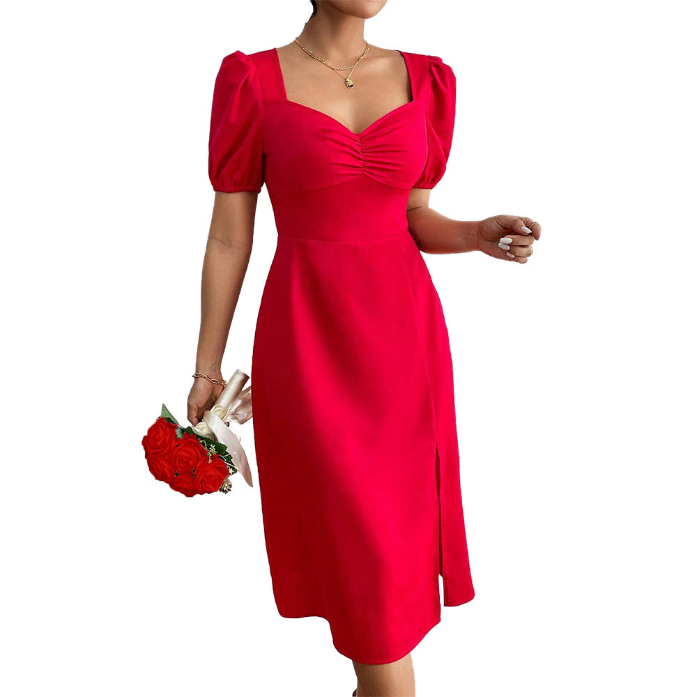 Damen Midi-Kleid Puffärmel Seitenriss