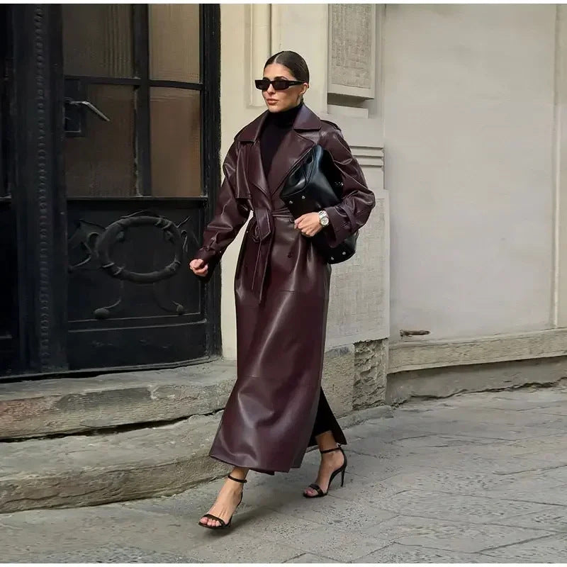 Damen Trenchcoat Kunstleder Mit Gürtel