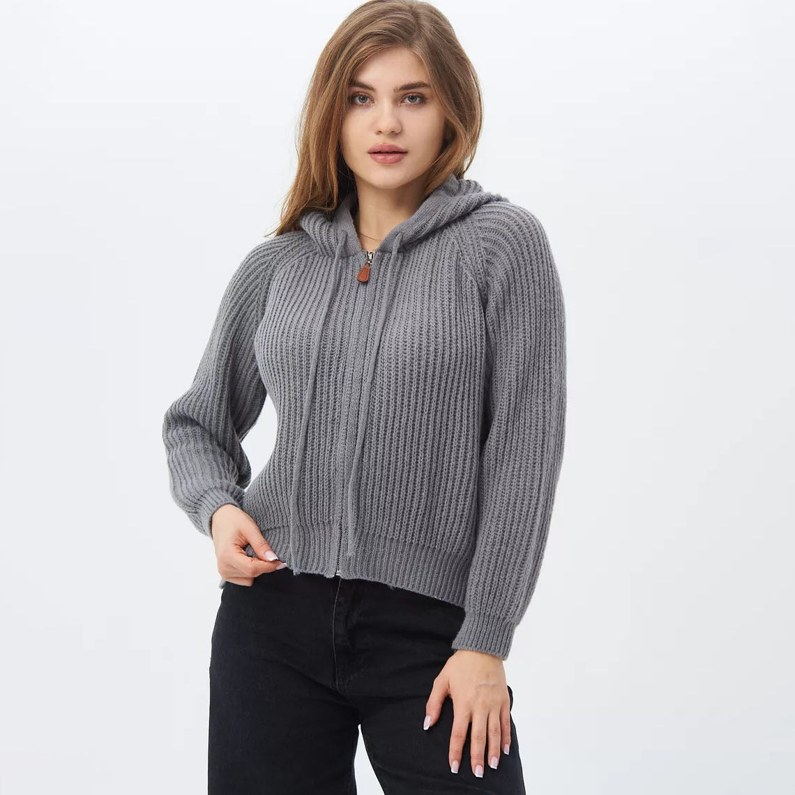 Damen Hoodie Weiches RippstrickMaterial Kordelzug Schwarz - Norvielle