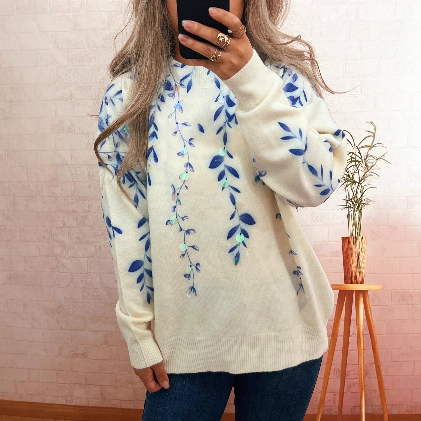 Damen Oversized-Pullover Kuschelfleece Floralmuster Beige
