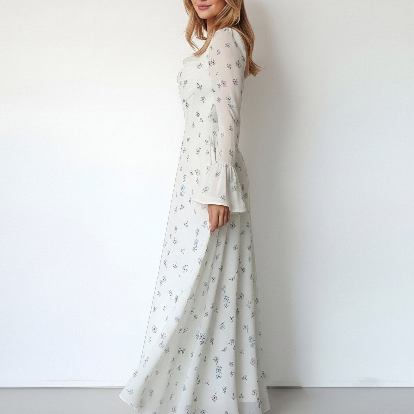 Damen Maxikleid mit Blumenapplikationen und Volumenärmeln Norvielle