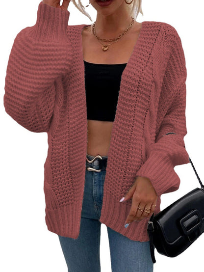 Damen Grobstrick-Cardigan Offene Taschen Lässiger Schnitt Beige