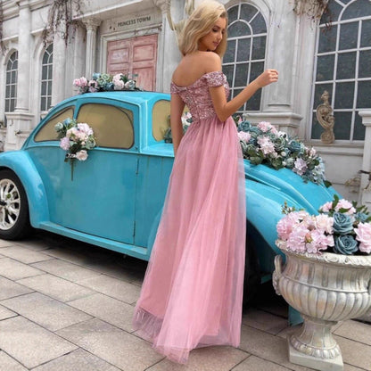 Damen Abendkleid Schimmerndes Oberteil Tüllrock