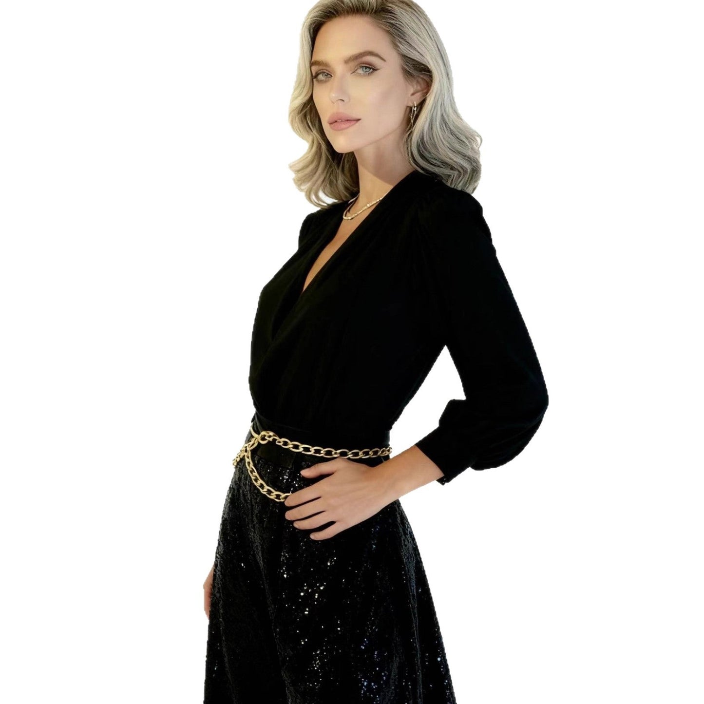 Damen Jumpsuit mit Pailletten und V-Ausschnitt
