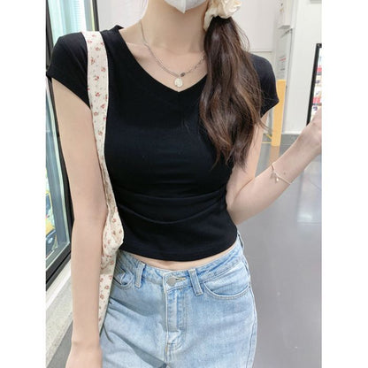 Damen Cropped T-Shirt V-Ausschnitt Figurbetont Weiß