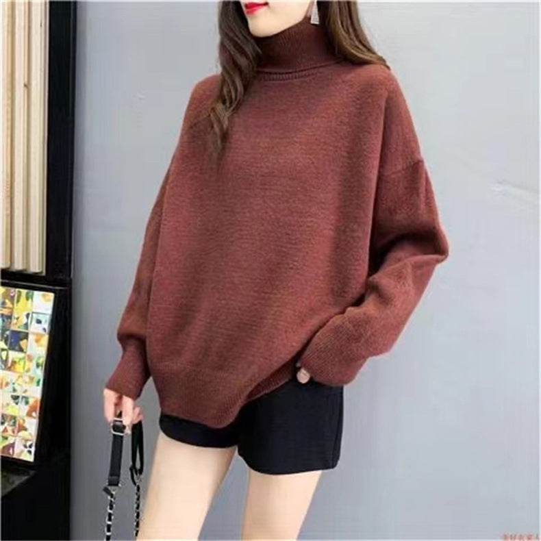 Damen Oversized Pullover Grobstrick Hochkragen Beige