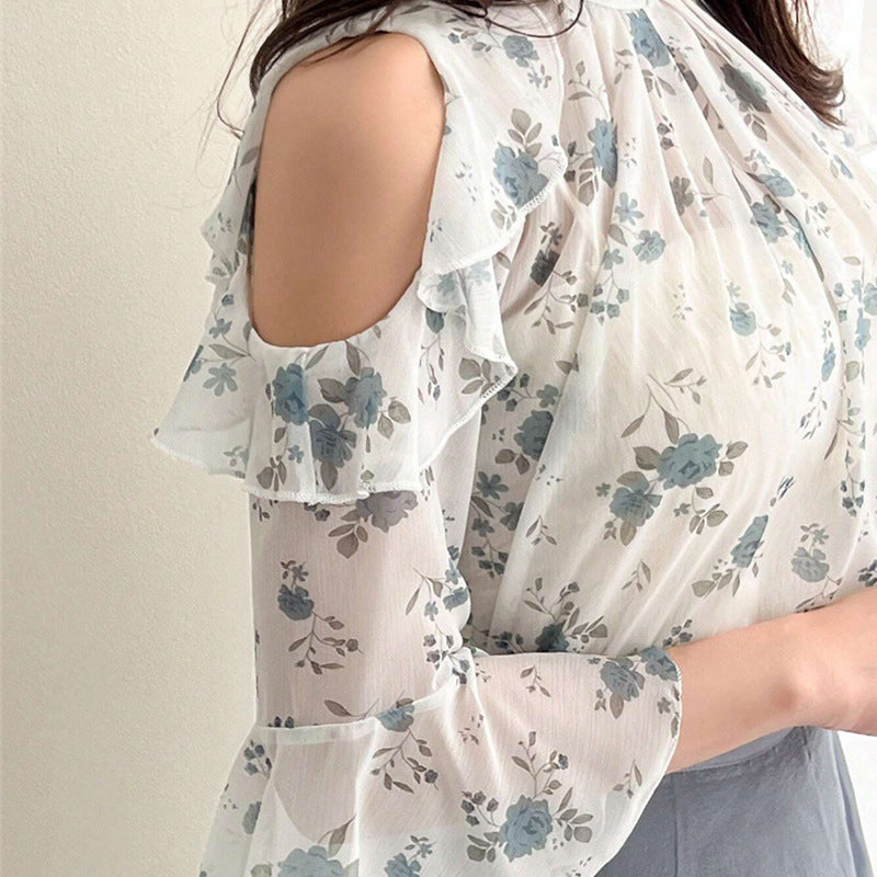 Damen Bluse Floraler Druck Transparenter Volant