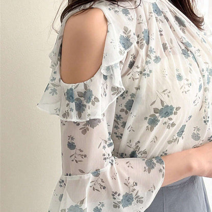 Damen Bluse Floraler Druck Transparenter Volant
