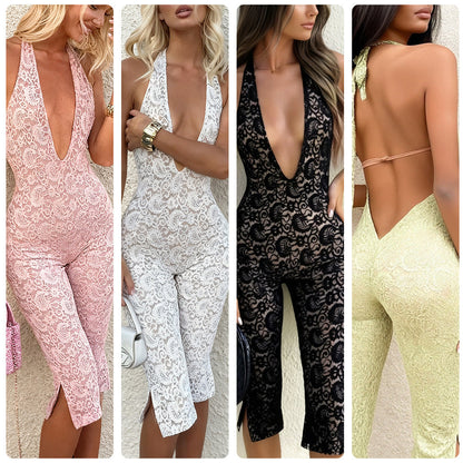 Damen Jumpsuit Spitze Tiefes Dekolleté Schwarz - Norvielle