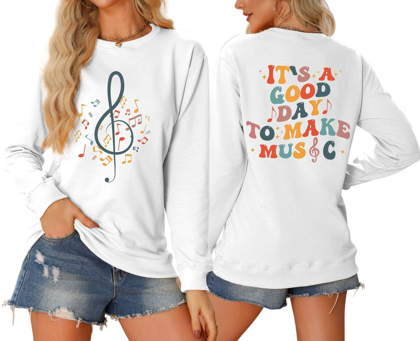 Damen Sweatshirt Musik Motiv Weiß
