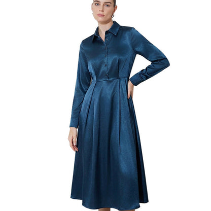 Damen Hemdblusenkleid Seide Glänzend Midi