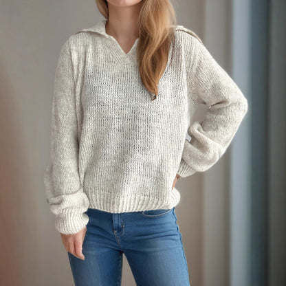 Damen Strickpullover V-Ausschnitt Voluminöse Ärmel Beige