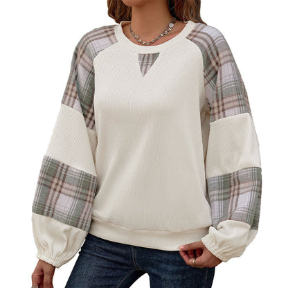 Damen Sweatshirt mit Karierten Ärmeln Lässig Grau