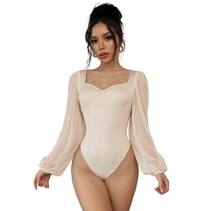 Damen Stretch-Bodysuit Puffärmel V-Ausschnitt