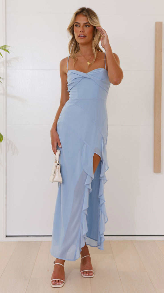 Damen Maxikleid Langarm Rüschendetails Hochschlitz