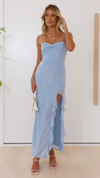 Damen Maxikleid Langarm Rüschendetails Hochschlitz