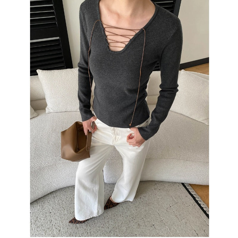 Damen Langarmshirt Schnürdesign Baumwolle Weiß