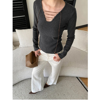 Damen Langarmshirt Schnürdesign Baumwolle Weiß
