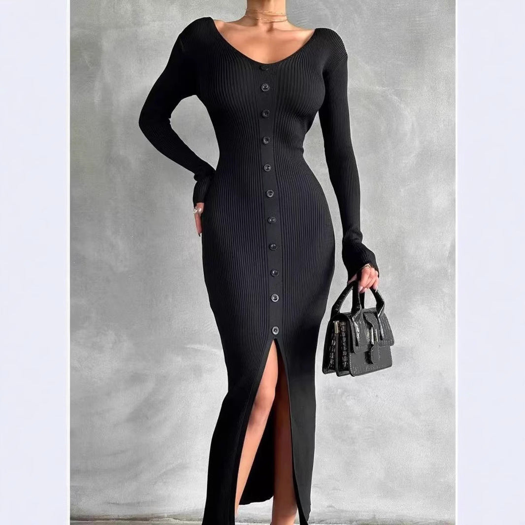 Damen Strickkleid V-Ausschnitt Hochgeschlossen