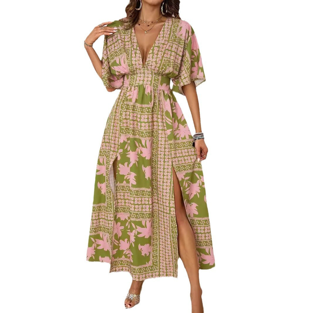 Damen Maxikleid V-Ausschnitt Seitenschlitz Norvielle