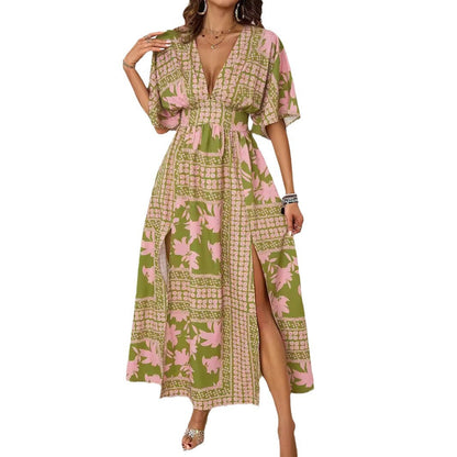 Damen Maxikleid V-Ausschnitt Seitenschlitz Norvielle