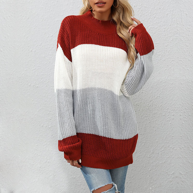 Damen Strickpullover Hochkragen Blockstreifen Norvielle