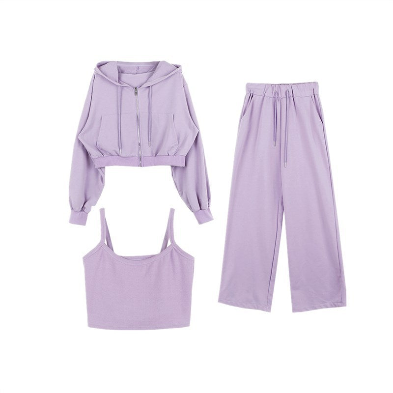 Damen Drei-Teiliges Set Cropped Hoodie Tanktop Weite Hosen