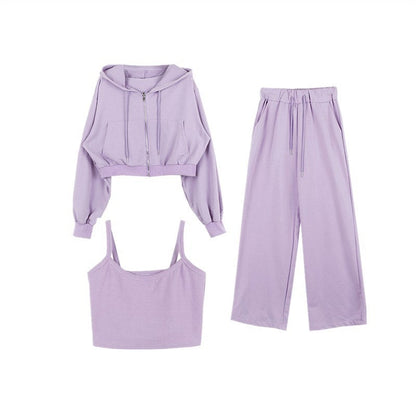 Damen Drei-Teiliges Set Cropped Hoodie Tanktop Weite Hosen