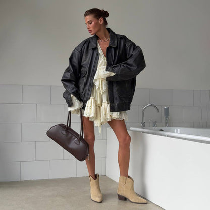 Damen Lederjacke Oversized Dekorative Taschen