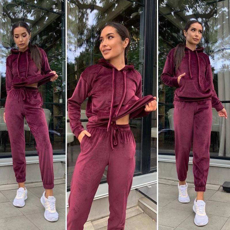 Damen Velours Lounge-Set mit Kapuze und Gummibund
