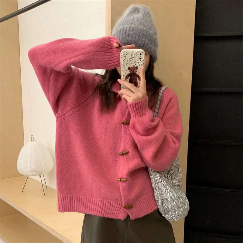 Damen Strickjacke mit Kapuze Holzknöpfe Beige